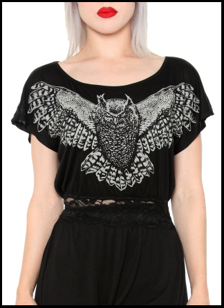 GREY OWL, Owl illustration now available at Hot Topic- http://www.hottopic.com/hottopic/WhatsNew/Apparel//Lip Service Black Owl Lace Waist Knit Shirt Dress-759182.jsp