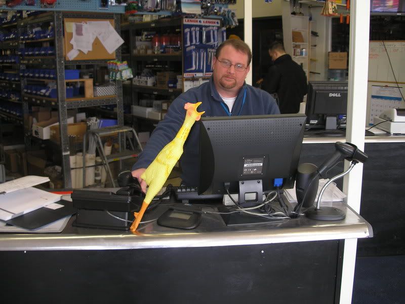 Salesman Apparently the salesman doesnt speak chicken.