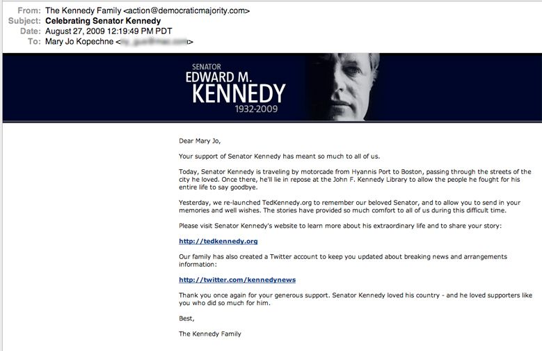 Kennedy Family email to Mary Jo Kopechne