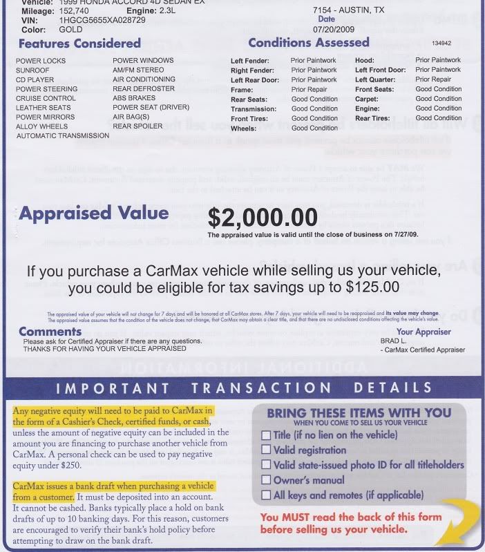 Carmax Appraisal Drive Accord Honda Forums