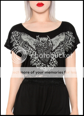 GREY OWL, Owl illustration now available at Hot Topic- http://www.hottopic.com/hottopic/WhatsNew/Apparel//Lip Service Black Owl Lace Waist Knit Shirt Dress-759182.jsp